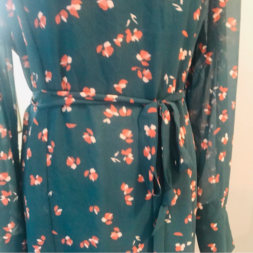 DKNY-DONNA KAREN Dress Handkerchief Hem High Neck Belted Green Floral Sz 16 - Picture 8 of 13